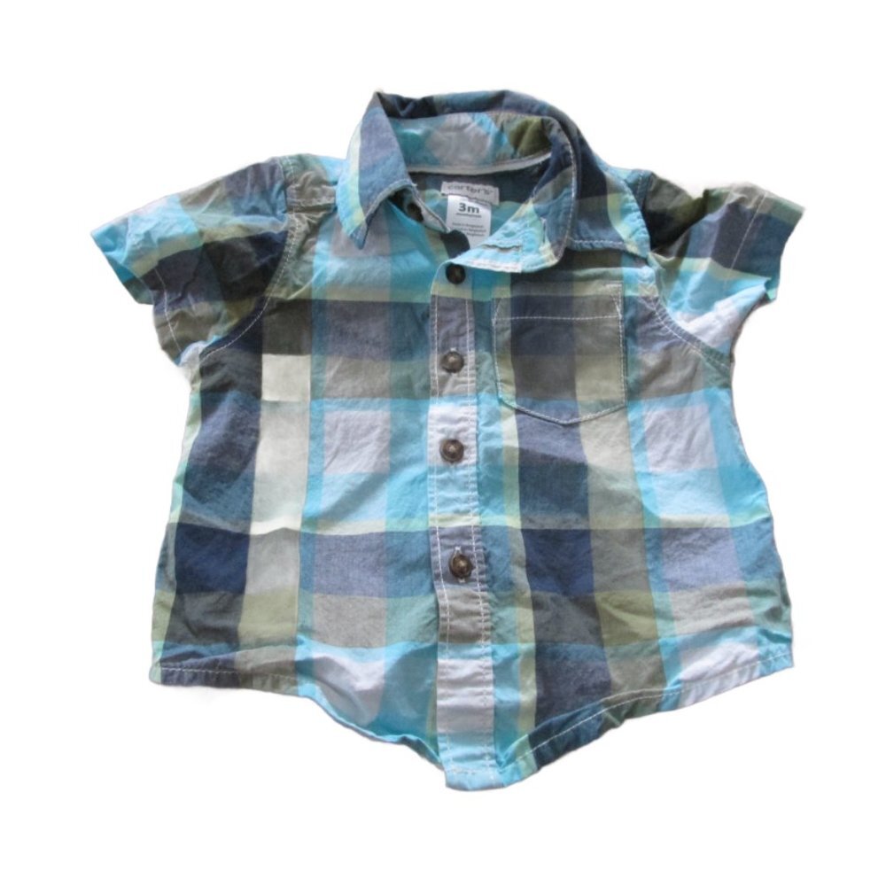 Carters Button Up Dress Shirt Infant Boys Size 3M Blue Green‎ Plaid Collared Top